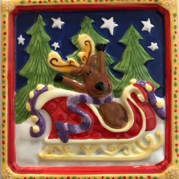 Holiday Christmas Candle reindeer CERAMIC 5-1/2” Cube - Picture 2 of 8